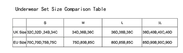 Underwear Set Size Comparison Table